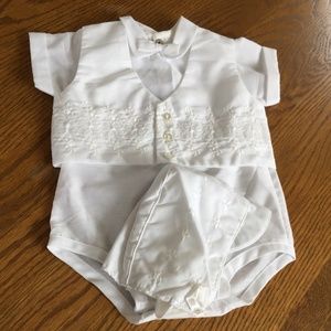 MADONNA ORIGINALS BAPTISMAL HAT VEST SUIT BOYS 3 PC SET SZ 6/9 MONTHS 1970S